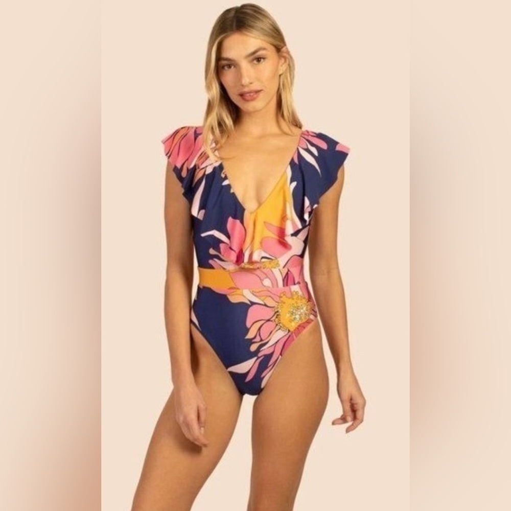 Trina Turk Breeze Ruffle One Piece Swimsuit Navy Floral Size 14